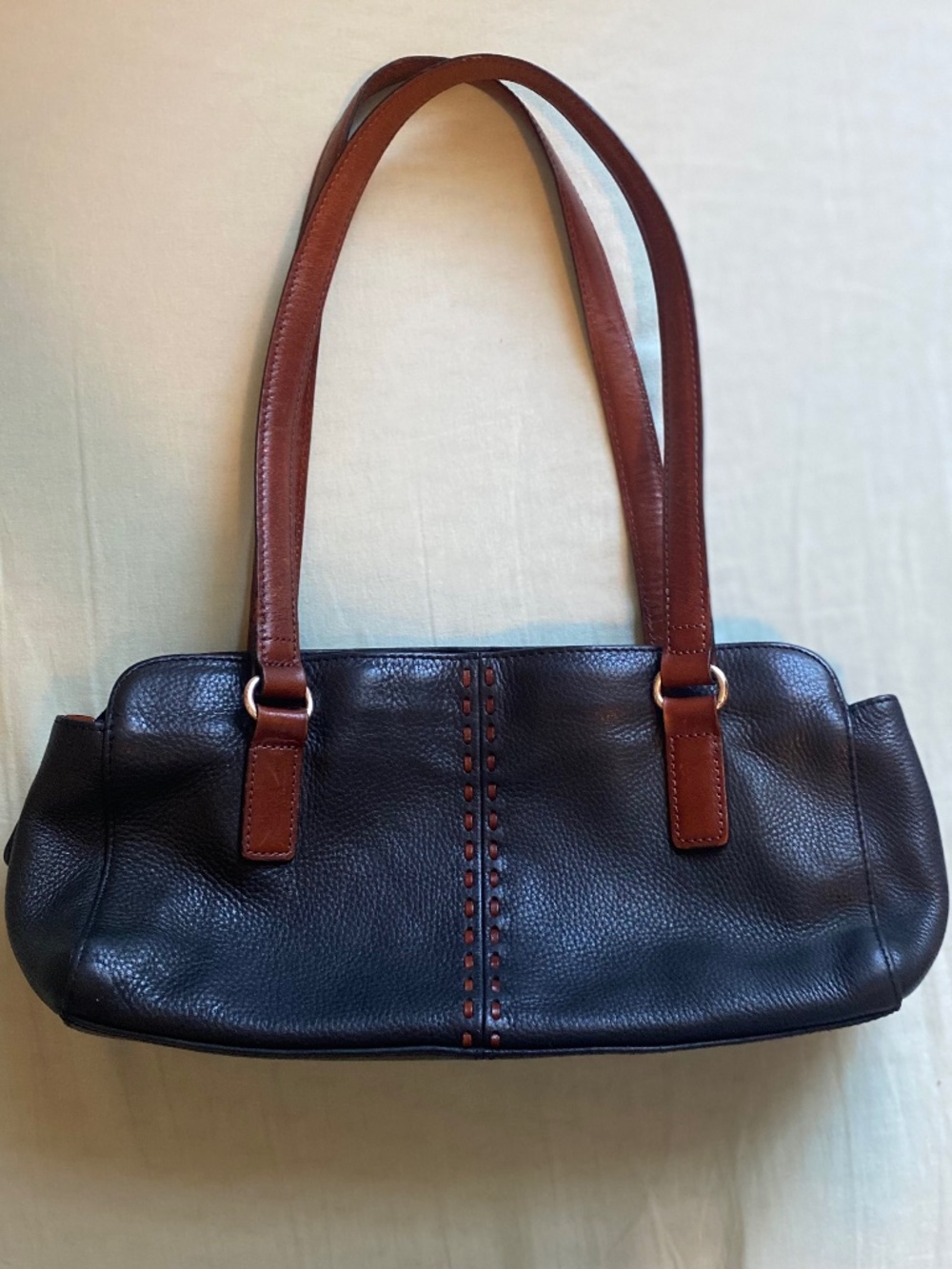 Fossil Vintage Y2K Black and Brown Leather Baguette Bag with Whipstitch Details